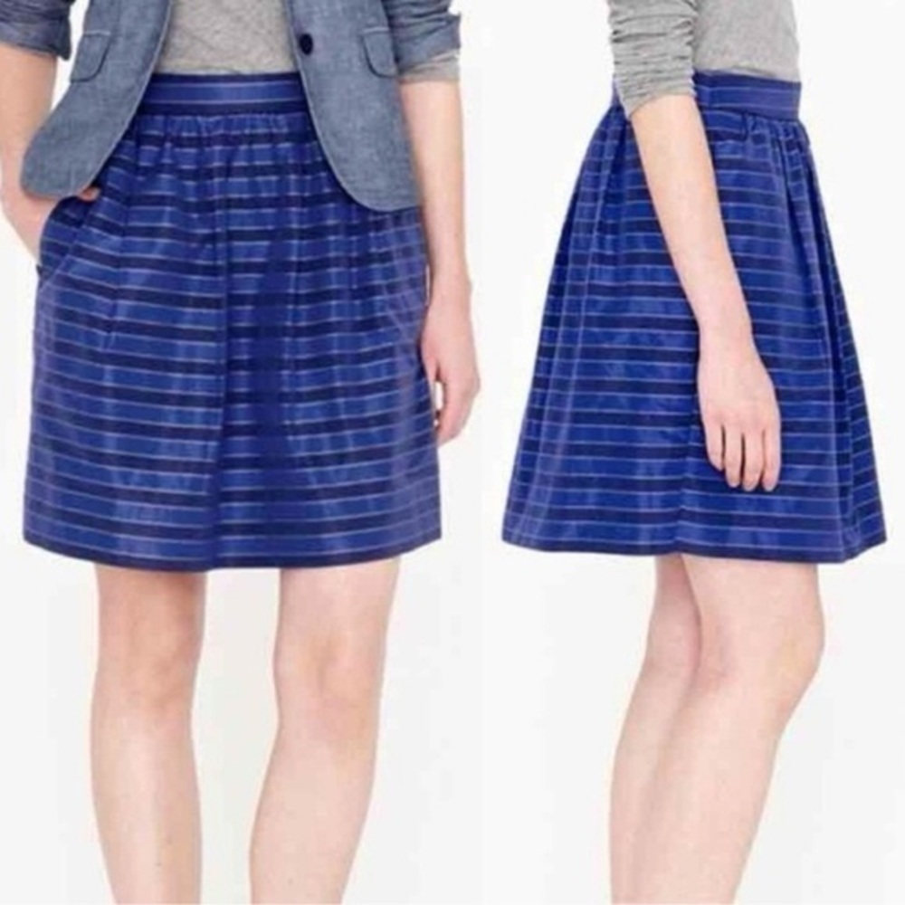 J. Crew NWOT Blue & Navy Pockets Striped Satin Taffeta Cotton Knee Length Skirt